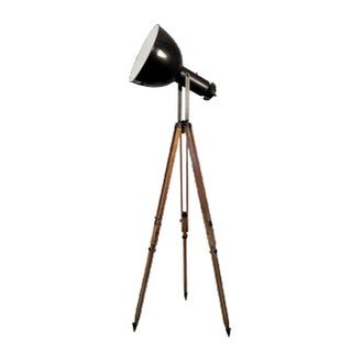 Vintage Industrial Black Enamel Spotlight on Wooden Tripod For Sale