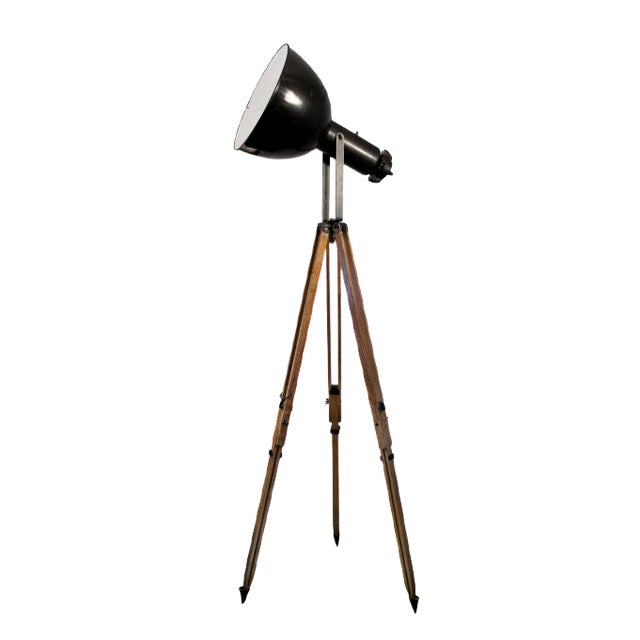 Vintage Industrial Black Enamel Spotlight on Wooden Tripod For Sale
