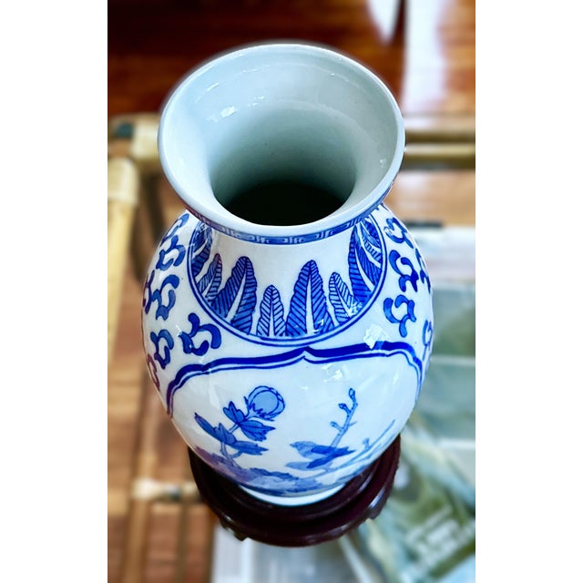 Bunny Williams Home Blue and White Chinoiserie Vase on Carved Wooden Stand For Sale - Image 4 of 7