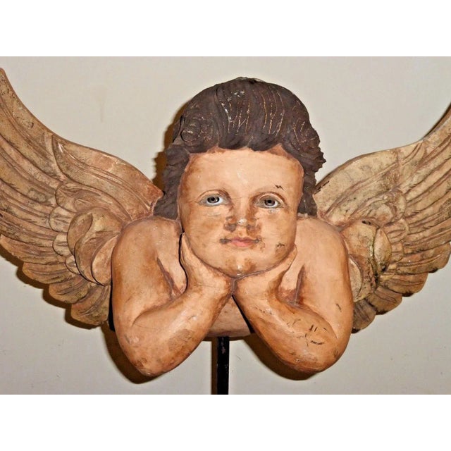 Figurative Vintage Hand Carved Cherub /Angel With Wings Figurine on Stand For Sale - Image 3 of 11
