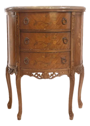 Antique French Louis XV Demilune Marquetry Inlaid Marble Top Side Table & Nightstand