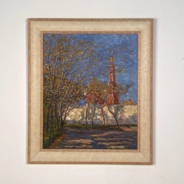 Wood Vintage Painting of Novodevichy Monastery, Signed "Sergey, 1994" For Sale - Image 7 of 7