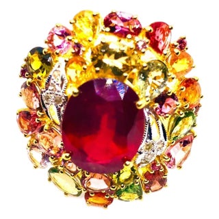 Bochic “Orient” Vintage Diamond, Ruby & Multi Sapphire Ring Set In 18K Gold & Si For Sale