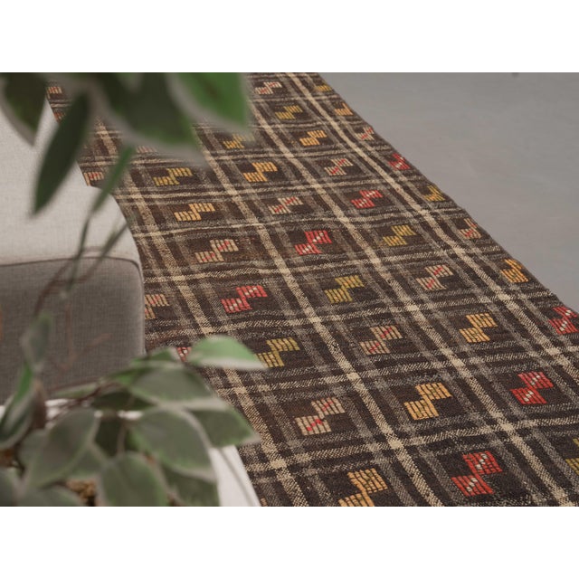 1970s Vintage Handmade Wool Cotton Brown Runner Rug For Sale In San Francisco - Image 6 of 11