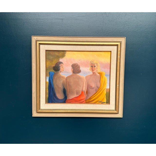 N. Leon, Three Women, 1947, Oil Painting on Panel, Framed For Sale - Image 13 of 18