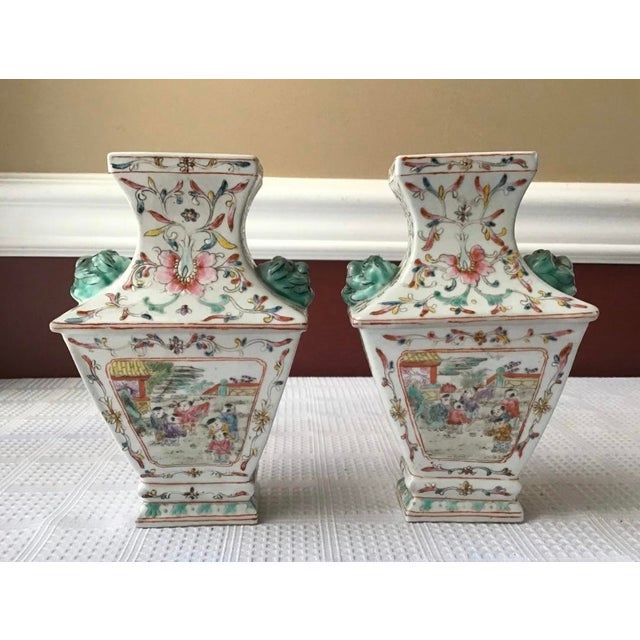 Early 20th Century Pair of Chinese Porcelain Vases | Children in Garden Scenes | 4-Character Qianlong Mark | 7” Tall For Sale - Image 5 of 10