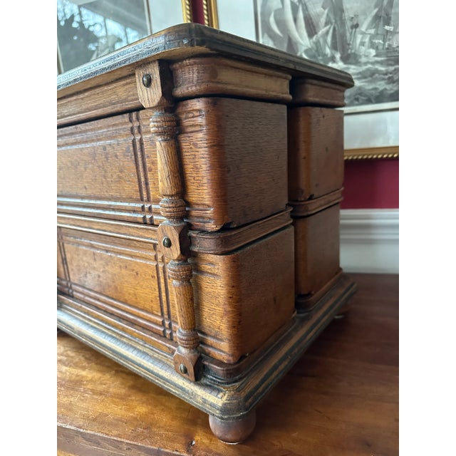 Brown Petite Antique 4 Drawer Oak Cabinet Drinks Table For Sale - Image 8 of 11