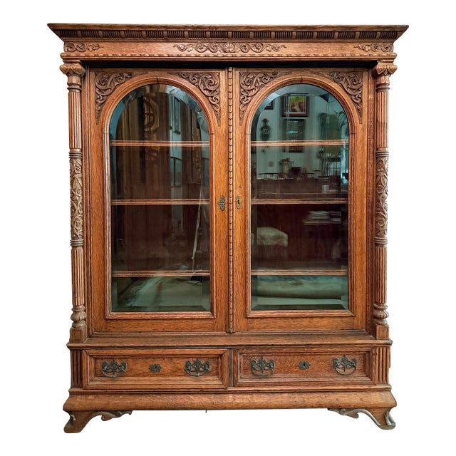 Antique 19th Century Renaissance Revival Oak Bookcase/Cabinet For Sale