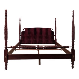 1990s Baker Furniture Historic Charleston Book-Matched Flame Mahogany Carved 4-Poster King Bed For Sale
