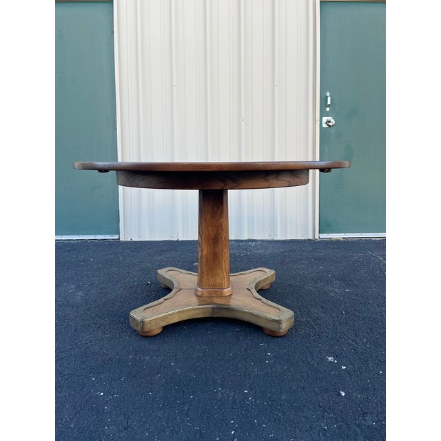 Brown 1960s Henredon Round Oak Pedestal Game Table With Brass Accents For Sale - Image 8 of 12