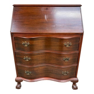 Vintage Chippendale Style Slant Front Fall Front Mahogany Secretary Desk For Sale