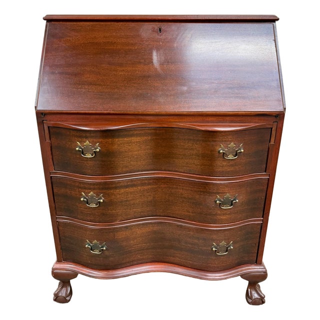 Vintage Chippendale Style Slant Front Fall Front Mahogany Secretary Desk For Sale