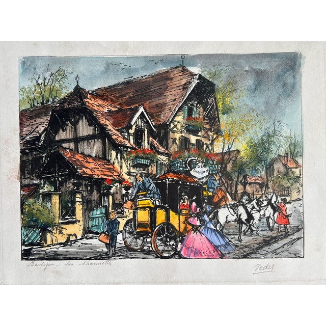 This is a beautiful hand-colored etching titled "Barbizon - Les Charmettes" by French artist Eugène-Louis Veder...