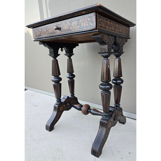 Antique Neo-Renaissance Italian Ebonized Marquetry Worktable with Leopard Motif, 1880s For Sale - Image 9 of 17