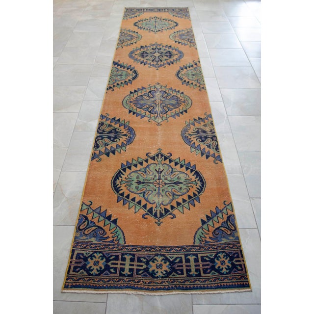 Textile Traditional Ottoman Design Distressed Oushak Runner Rug Faded Colors Low Pile - 2'1″ X 12'9″ For Sale - Image 7 of 12