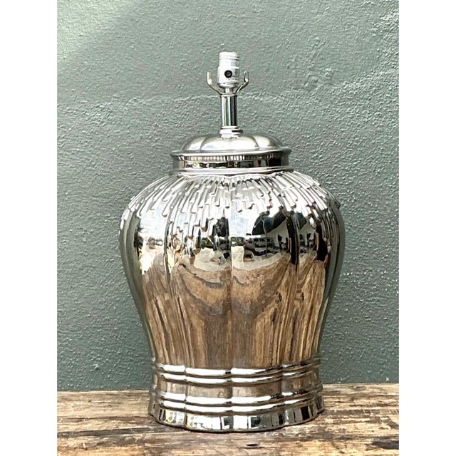 Vintage Silver Mirror Finish Glazed Ceramic Lamp For Sale - Image 12 of 12