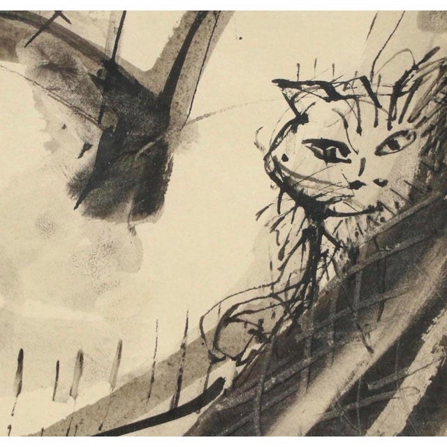 Mid 20th Century Expressionist Ink Painting of Figure and Cat by Kazimierz Podsadecki For Sale - Image 4 of 7