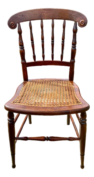 Antique American Hand Carved Walnut Accent Chair Wit Woven Cane Seat