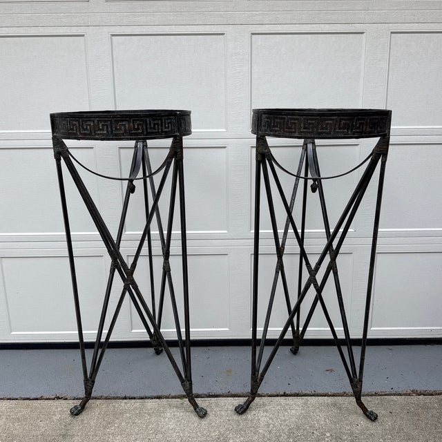 Late 20th Century Late 20th Century Iron Greek Key Athénienne Tripod Stands - Set of 2 For Sale - Image 5 of 12