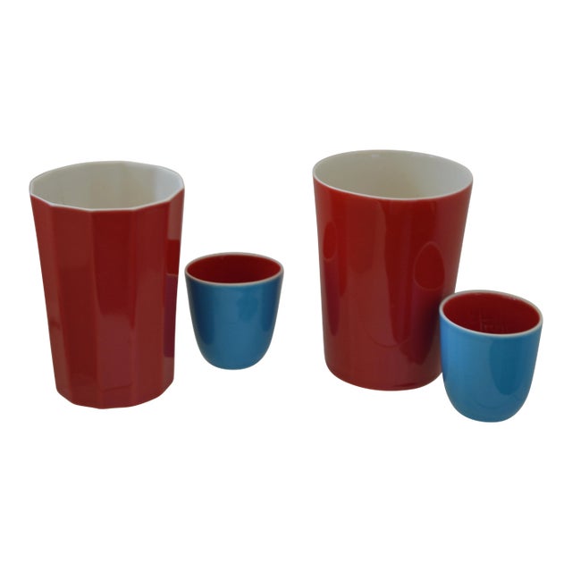 Vintage Japanese Porcelain Sake Flask and Cups - Set of 4 Turquoise Blue Red and White For Sale