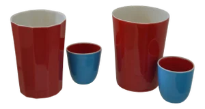 Vintage Japanese Porcelain Sake Flask and Cups - Set of 4 Turquoise Blue Red and White