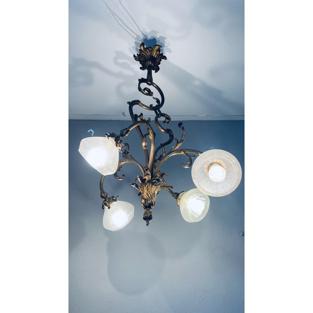 Art Nouveau Golden Chandelier with Frosted Glass Shades For Sale - Image 17 of 18