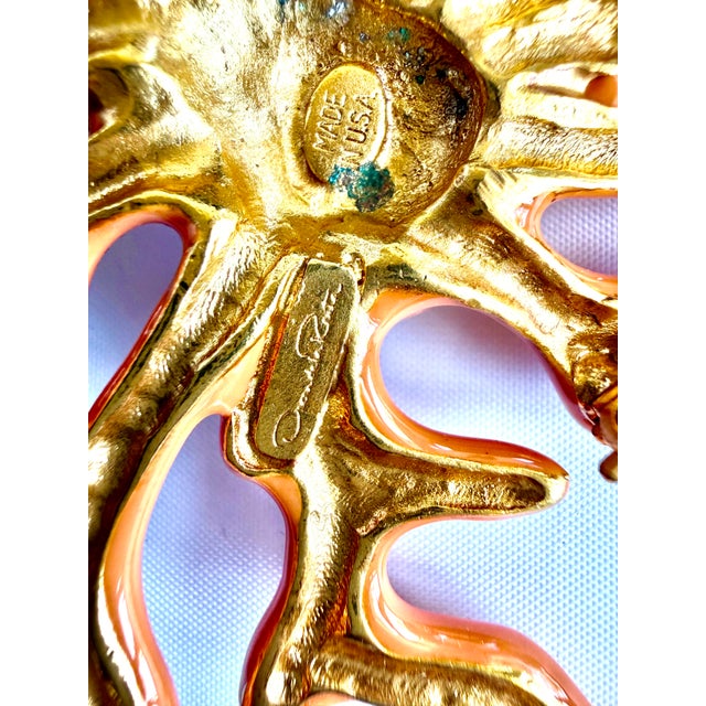 Metal 90s Oscar De La Renta Brooch Coral Branch Pearl Enamel Rhinestones Crystals Vintage Gold Plated For Sale - Image 7 of 8