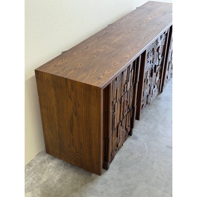 Lane Pueblo Brutalist Oak Lowboy Dresser – Paul Evans Style Credenza Mosaic Front 1970s For Sale - Image 9 of 9