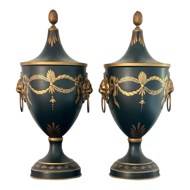 French Hand Painted Toleware Chestnut Urns - A Pair For Sale