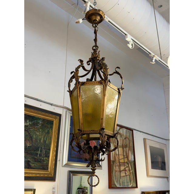 Gothic Revival Style Gilt Metal + Amber Glass Lantern Pendant, Vintage For Sale - Image 4 of 12
