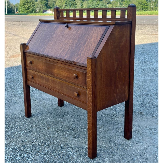 Arts & Crafts Early 20th Century Tiger Oak Mission Arts and Craft Style Slant Front Desk For Sale - Image 3 of 11
