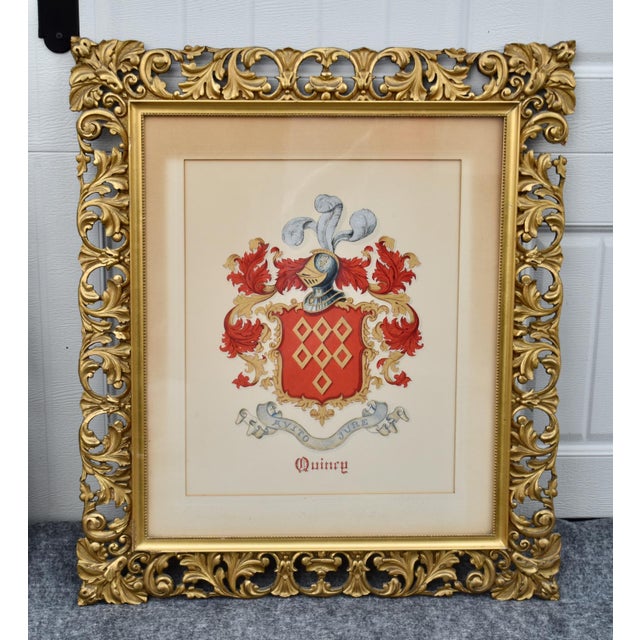 Wood Vintage Pair Framed Prints Coat of Arm Ornate Gold Gilt For Sale - Image 7 of 18