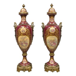 Vintage Palace Size French Sevres Style Red Porcelain Revolving Covered Urn Pair For Sale