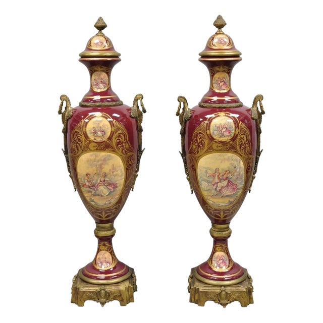 Vintage Palace Size French Sevres Style Red Porcelain Revolving Covered Urn Pair For Sale