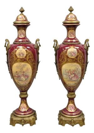 Vintage Palace Size French Sevres Style Red Porcelain Revolving Covered Urn Pair