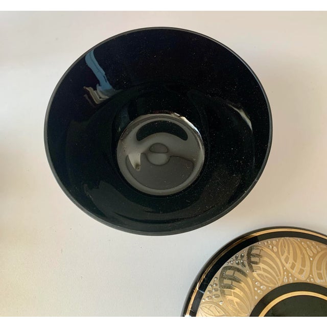 Art Deco Vintage Art Deco Black Glass Covered Dish With Gold Encrastation For Sale - Image 3 of 9