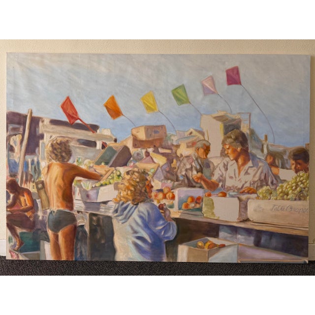 Blue Large 1980's Southern California Coastal Market Scene Painting For Sale - Image 8 of 8