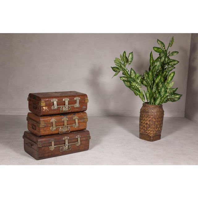 Early 20th Century British 1920s Metal Traveling Trunks for Export with Brass Hardware - Set of 3 For Sale - Image 5 of 12