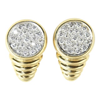 1970s Pave Diamond Ribbed Gold Clip Earrings - 2 Pieces For Sale