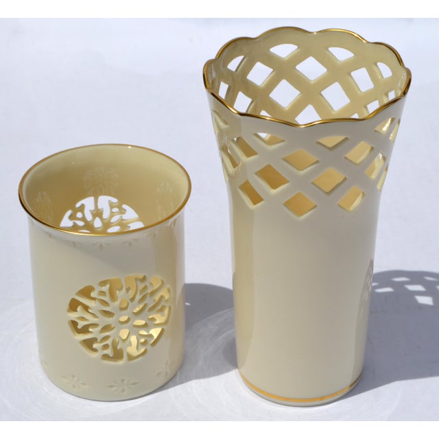 1980s Vintage Lenox Wicker Collection 6 Inch Lattice Fine Bone Ceramic Vase 24k Gold Trim For Sale - Image 5 of 15