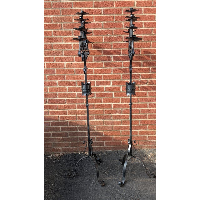 Metal Antique Black Wrought Iron Floor Standing Candlabra For Sale - Image 7 of 11