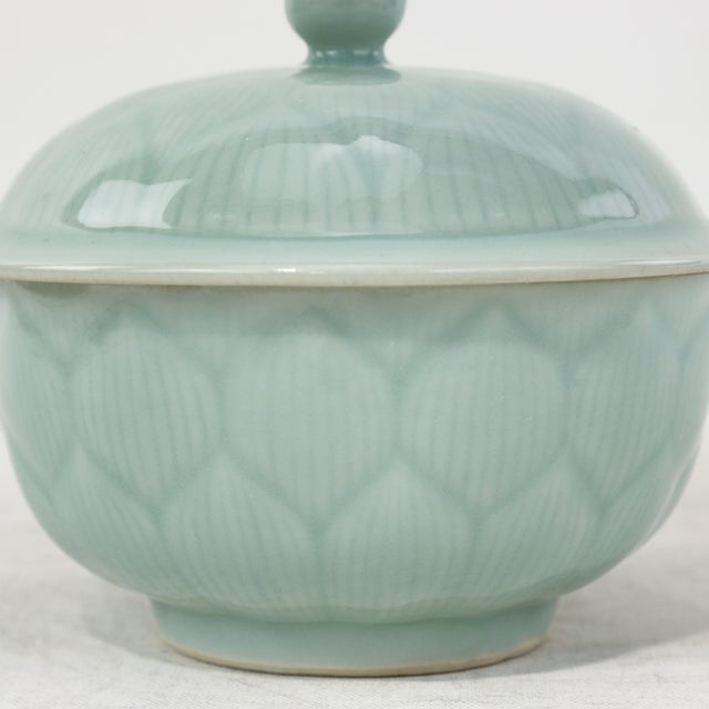 Celadon Vintage Chinese Celadon Green Lotus Flower Carved Porcelain Covered Bowl For Sale - Image 8 of 13