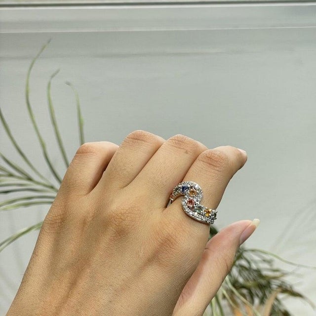 Yellow 925 Sterling Silver Open Wrap Ring With Multi-Sapphires & Diamonds, Size 6 For Sale - Image 8 of 15