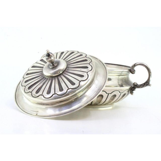 Metal Round Silver Candy Box with Raised Lid Knob and Applications For Sale - Image 7 of 8