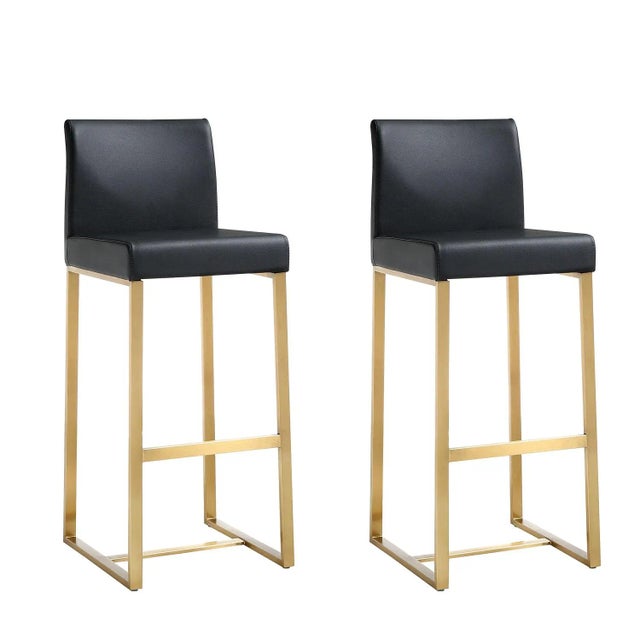 Denmark Black Vegan Leather & Gold Steel Bar Stools - Set of 2 For Sale - Image 12 of 12