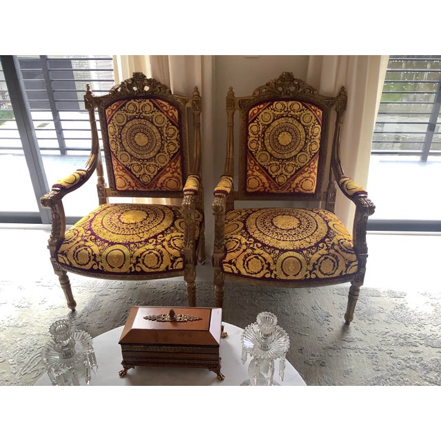 1960s Louis XVI Style Vintage Gold Hand Carved Chairs With Atelier Versace Style Fabric For Sale - Image 5 of 13
