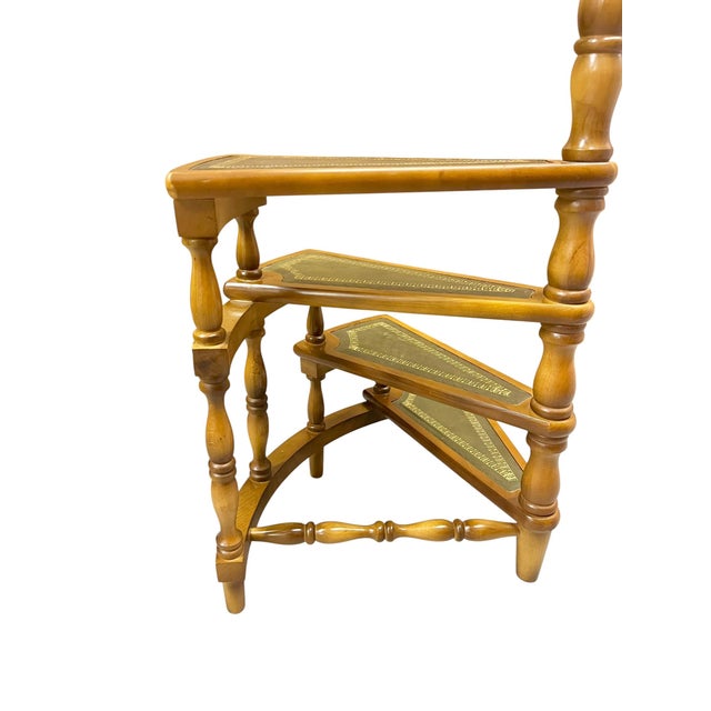 Vintage English Wood Library Spiral Step Ladder With Green Tooled Leather Tread Insets For Sale - Image 14 of 18