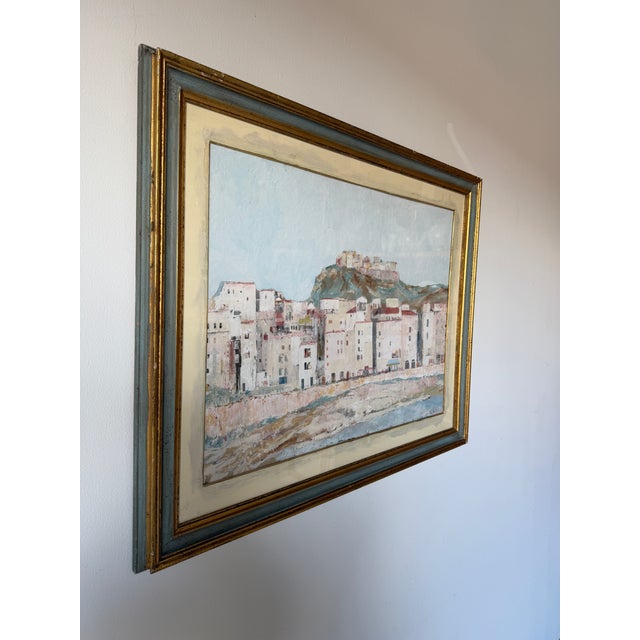 Abstract 1968 Franco Scuderi Italian Mediterranean Coastal Cityscape Landscape Oil on Plywood Painting, Signed & Framed For Sale - Image 3 of 16