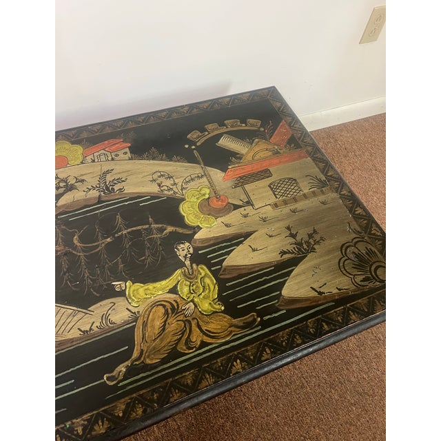 Early 20th Century Chinoiserie Black Hand-Painted, Trestle Coffee Table For Sale - Image 12 of 12