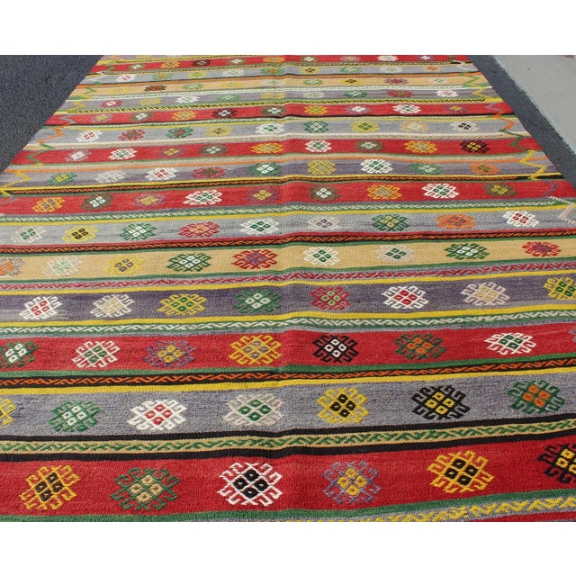 Mid 20th Century Colorful Large Turkish Kilim Carpet With Striped Geometric Shapes Design For Sale In Atlanta - Image 6 of 12